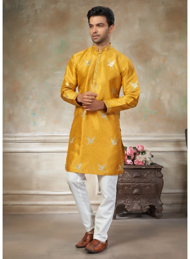 OUTLUK Yellow Embroidered Kurta with Pajama for Men - Image 3